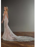 Sleeveless Beaded Ivory Lace Tulle Deep V Back Wedding Dress With Pink Lining